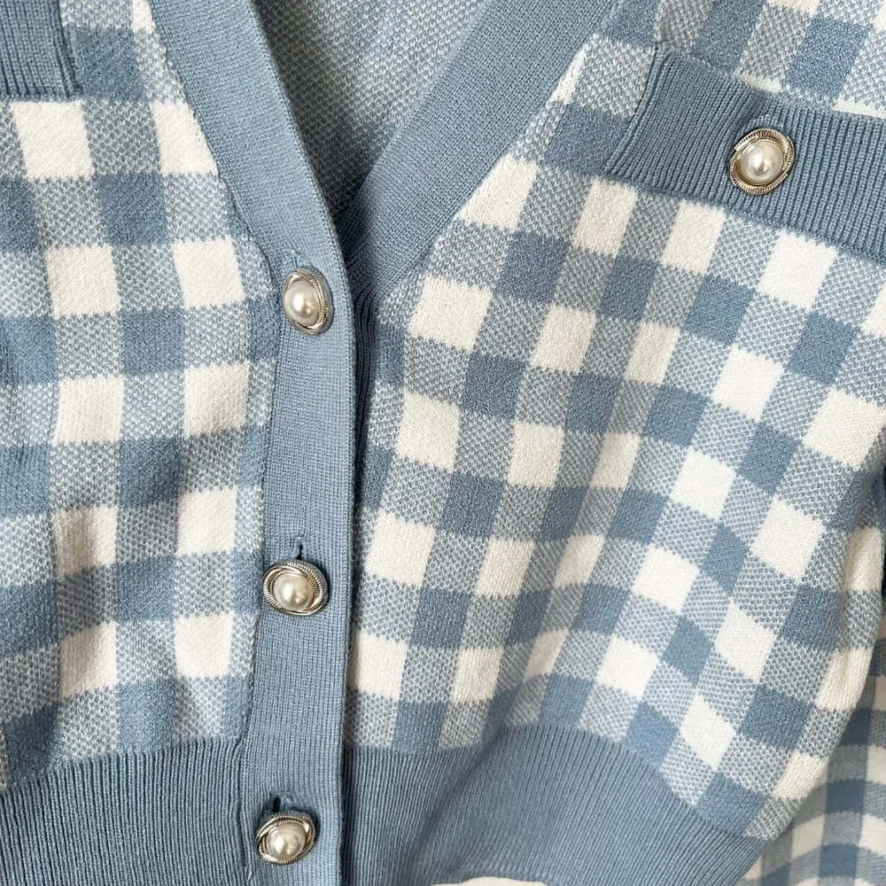 SHEIN Gingham Pattern Button Front Crop Cardigan Blue - Picture 3 of 5